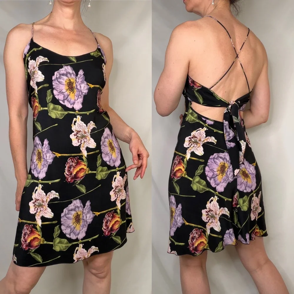Nicole Miller Silk Floral Slip Dress Black Y2K Vintage Open Tie Back Small 4